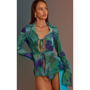 Chemise de plage vert émeraude imprimé dégradé nouée devant à manches longues, Vert émeraude - Taille XS