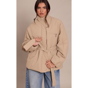 Femme Manteau matelass&eacute; gris pierre &agrave; taille nou&eacute;e | Taille XS - Taille XS