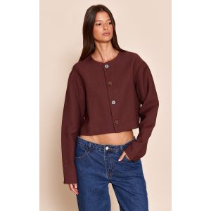 Veste en effet lin chocolat à épaules carrées et boutons, Chocolat - Taille 42
