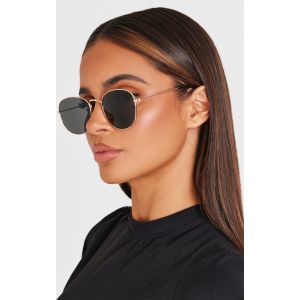 Femme Lunettes de soleil rondes &agrave; monture dor&eacute;e et verres noirs - Taille One Size