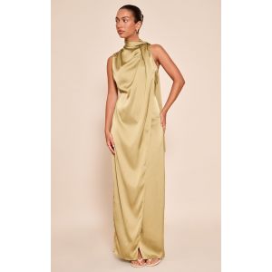 Robe longue satinée vert olive à détail foulard, Vert Olive - Taille 32