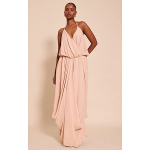 Robe longue en mousseline de soie beige à col en V, Beige - Taille 42