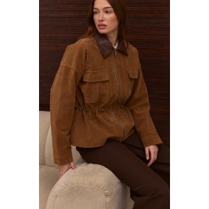 Femme Veste en su&eacute;dine marron clair &agrave; col contrastant et taille cintr&eacute;e | Taille Large - Taille L