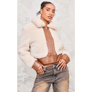 Veste en fausse fourrure douce crème à parties contrastantes en PU et zip, Crème - Taille 34
