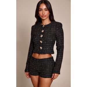 Femme Petite Veste courte en maille tweed noire &agrave; sequins et boutons | Taille 42 - Taille 42