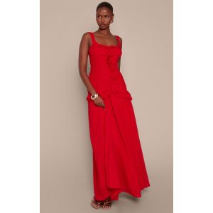Femme Robe longue en mousseline de soie rouge fronc&eacute;e &agrave; volants | Taille 36 - Taille 36