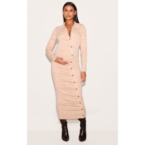 Maternité Robe de grossesse mi-longue en maille gris pierre à ventre froncé et boutons asymétriques, Gris Pierre - Taille XS