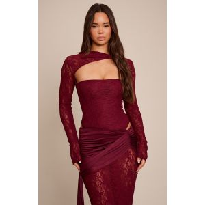 Femme Body en dentelle rouge vin fonc&eacute; &agrave; d&eacute;coupe asym&eacute;trique et manches longues | Taille 42 - Taille 42