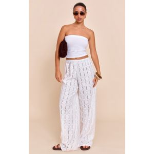 Pantalon large en maille style crochet texturée blanche, Blanc - Taille 32