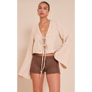 Short en maille fine style crochet café au lait à cordons ajustables, Café au Lait - Taille M