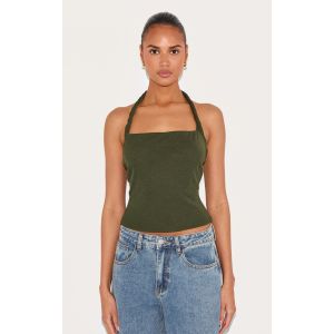 Femme Top long en mesh dévoré vert olive à dos nu et bretelle torsadée | Taille 40 - Taille 40