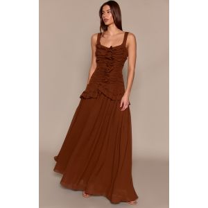 Femme Robe longue en mousseline de soie chocolat fronc&eacute;e &agrave; volants | Taille 34 - Taille 34