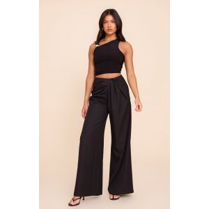 Pantalon de tailleur large tissé noir à détail plissé, Noir - Taille 32