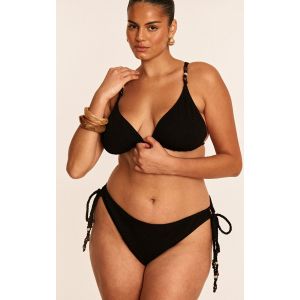 Femme Bas de bikini texturé noir grande taille à perles et liens sur les côtés | Taille 58 - Taille 58