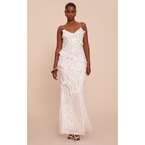 Robe longue blanche imprimé petites fleurs brodée à volants, Blanc - Taille 44