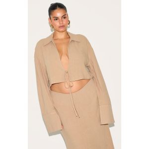 Plus Chemise courte en effet lin mélangé sable noué devant, Sable - Taille 56