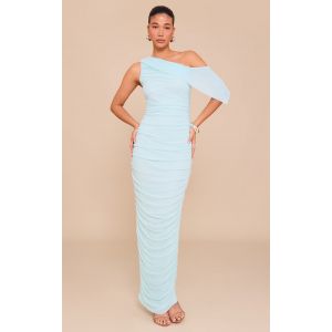 Robe longue bleu turquoise froncé à doublure en mesh et épaule unique, Bleu turquoise - Taille 44