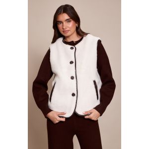 Femme Gilet en imitation mouton cr&egrave;me &agrave; brodures en PU | Taille 36 - Taille 36