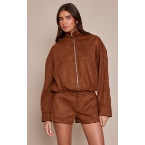 Femme Veste en su&eacute;dine marron clair &agrave; col entonnoir et zip | Taille 38 - Taille 38