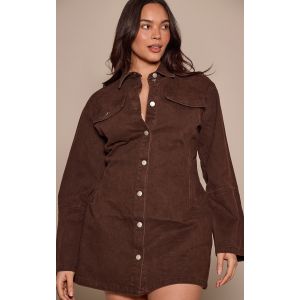 Femme Plus Robe chemise en jean chocolat &agrave; manches longues et coutures contrastantes | Taille 50 - Taille 50