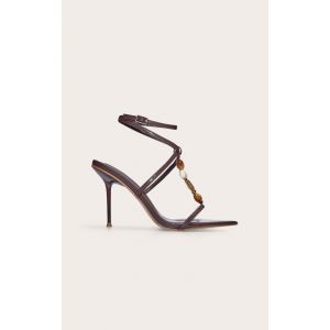 Femme Sandales &agrave; Talons Aiguilles Hauts en Chocolat avec Bout Carr&eacute;, Dentelle &agrave; Perles et Lacets | Taille 37 - Taille 37