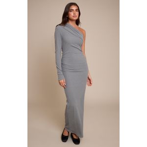 Femme Robe longue asymétrique brossée côtelée gris anthracite à épaule unique | Taille 42 - Taille 42