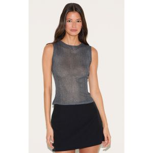 Top en maille fine gris anthracite transparente à col bateau, Gris anthracite - Taille XS