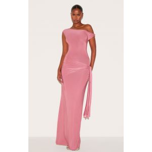 Robe longue moulante rose blush à épaule dénudée et détail drapé, Rose Blush - Taille 38