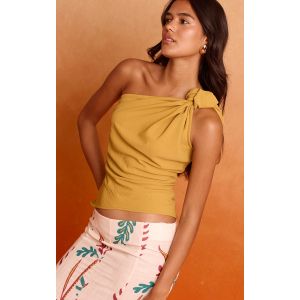 Top fluide tissé moutarde profond à épaule unique nouée, Moutarde - Taille 44