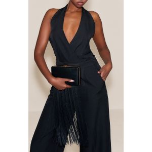 Femme Pochette rigide en PU noir à franges - Taille One Size