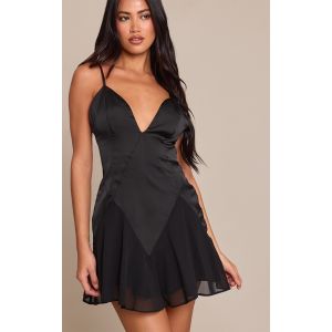 Femme Robe droite satinée noire à col en V | Taille 36 - Taille 36