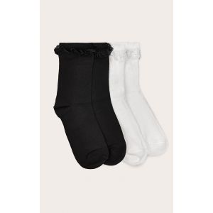 Femme Lot de 2 paires de chausettes noires et blanches &agrave; dentelle volant&eacute;e - Taille One Size