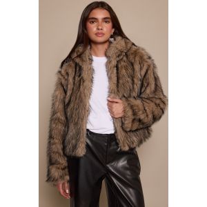 Femme Veste courte en fausse fourrure marron &agrave; capuche et zip | Taille Medium - Taille M