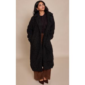 Femme Petite Manteau long en imitation mouton noire &agrave; boutons | Taille Large - Taille L