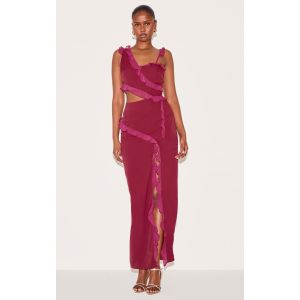Robe longue en mousseline de soie rouge vin découpée à volants, Rouge Vin - Taille 40
