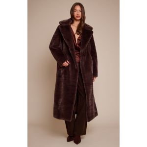 Femme Manteau long en fausse fourrure chocolat &agrave; taille nou&eacute;e | Taille Medium - Taille M