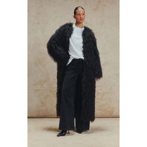 Femme Manteau long en fausse fourrure de Mongolie noire sans revers | Taille Large - Taille L