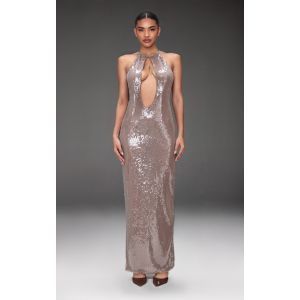 Robe longue décolletée nude clair à sequins et col haut, Nude Clair - Taille 38