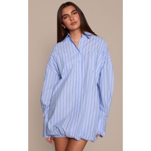Femme Robe bouffante popeline de coton bleue &agrave; fines rayures et manches longues | Taille 32 - Taille 32
