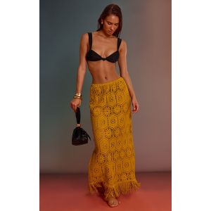 Jupe de plage en maille style crochet moutarde à ourlet frangé, Moutarde - Taille S