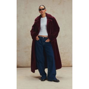 Femme Manteau long en fausse fourrure rouge cerise à taille nouée | Taille XS - Taille XS