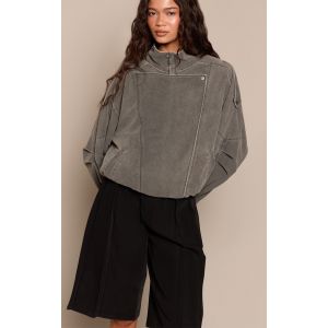 Femme Veste motard en su&eacute;dine douce grise effet br&ucirc;l&eacute; &agrave; col entonnoir | Taille Medium - Taille M