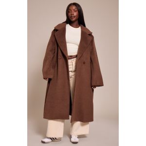 Femme Plus Manteau long en effet laine bross&eacute; chocolat | Taille XL - Taille XL