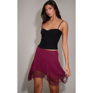 Femme Mini-jupe en mousseline de soie prune à bordure en dentelle et ourlet mouchoir | Taille 34 - Taille 34