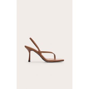 Sandales à talon mi-haut avec bride arrière et bout carré en PU couleur chocolat, Marron Clair - Taille 36