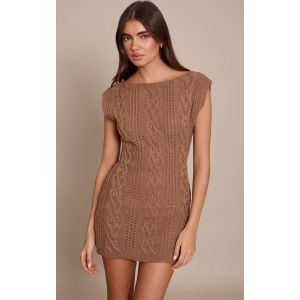 Femme Mini robe en maille tricot torsad&eacute;e chocolat &agrave; manches longues Taupe | Taille Small - Taille S