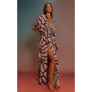 Robe de plage bohème en mousseline de soie texturée blanche imprimé girafe à détail torsadé, Blanc - Taille M