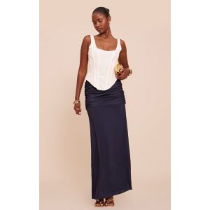 Jupe longue satinée bleu marine à partie superposée, Bleu Marine - Taille 36