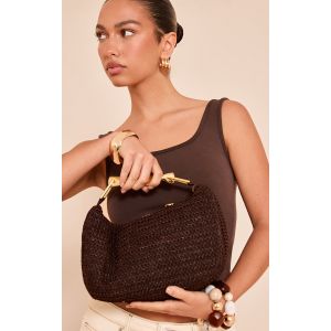 Femme Sac &agrave; main en raphia tress&eacute; chocolat &agrave; anse abstraite - Taille One Size