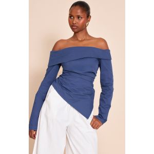 Femme Top en coton bleu marine froncé à col bardot et ourlet asymétrique | Taille 40 - Taille 40